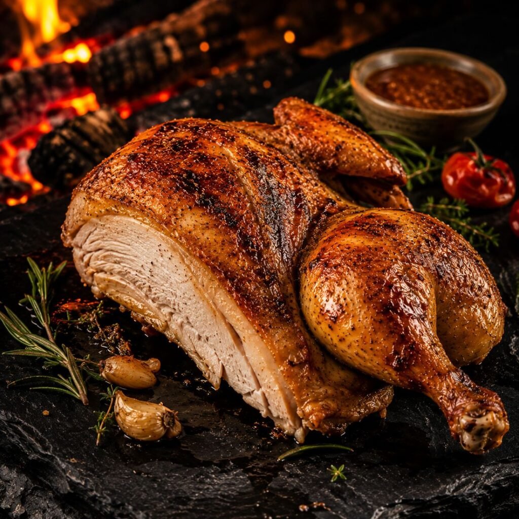 Demi-poulet braisé à la braise, servi sur ardoise