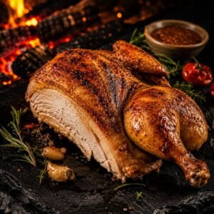 Demi-poulet braisé à la braise, servi sur ardoise