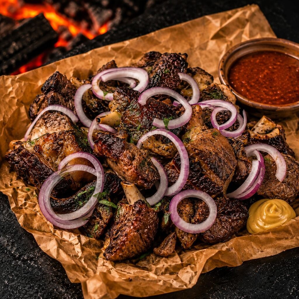 Dibi d’agneau grillé, servi avec oignons et sauce